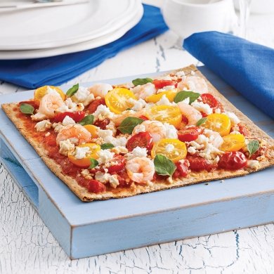 5 ingrédients/15 minutes: Pizzas de blé entier aux crevettes et feta