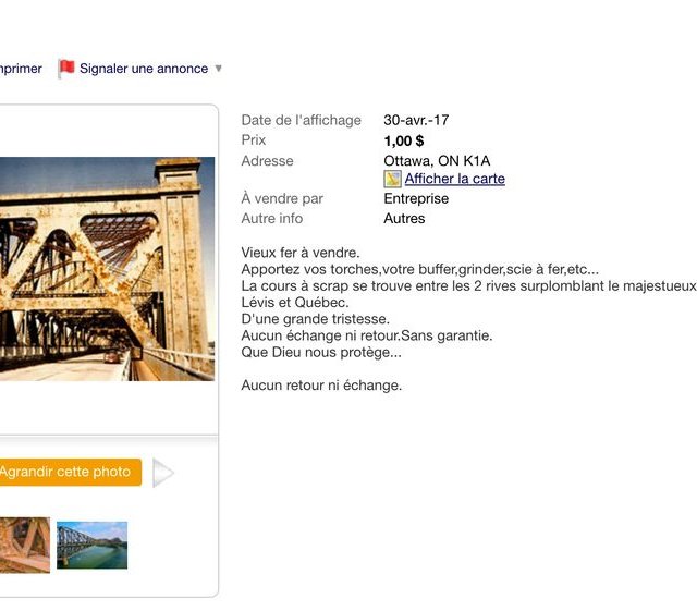 Le «vieux fer» du pont de Québec «à vendre» sur Kijiji