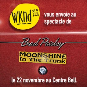 WKND 91,9 vous envoie au spectacle de Brad Paisley le 22 novembre au Centre Bell